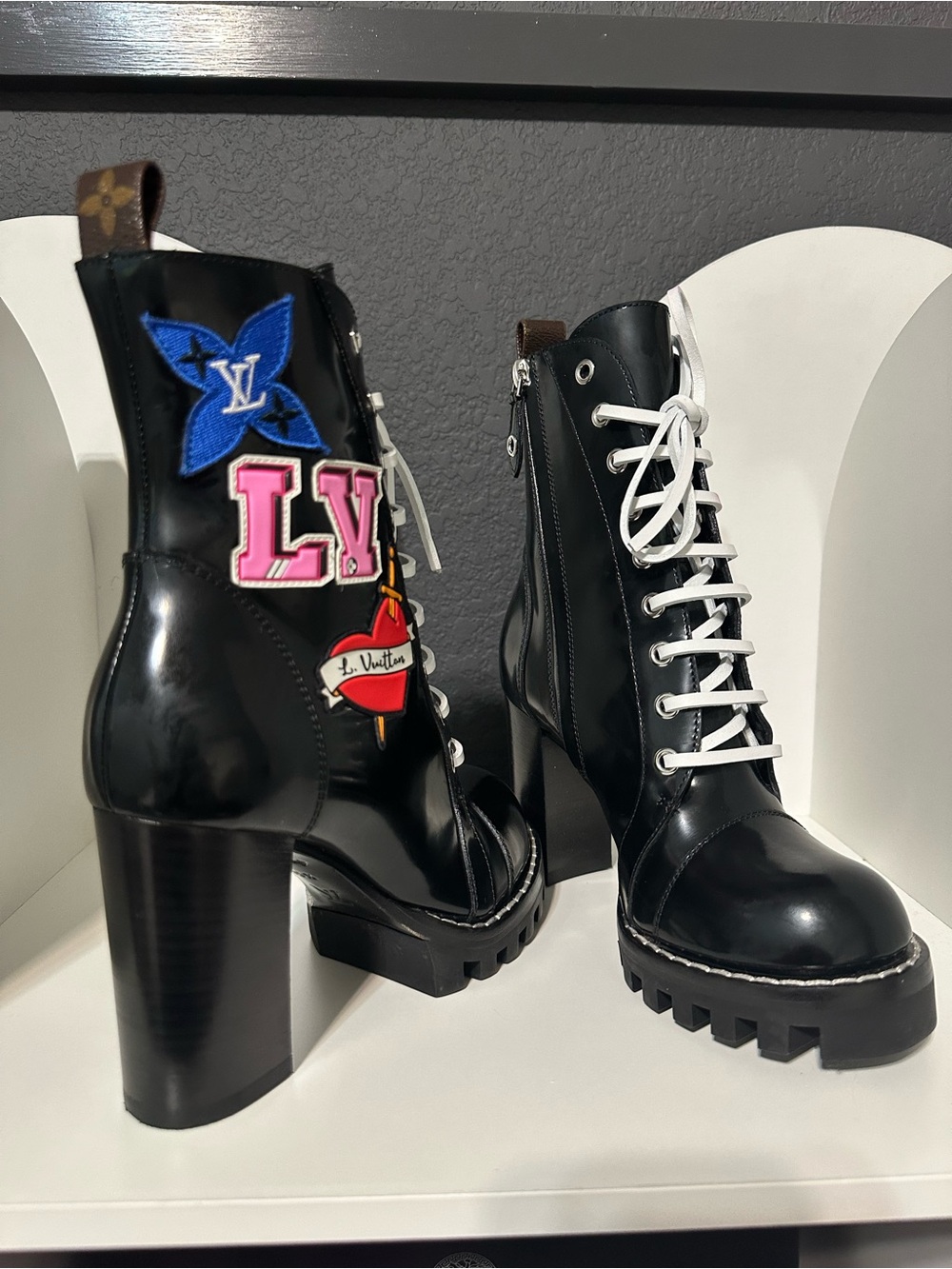 Louis Vuitton Black Leather Lace-Up Platform Patchwork Ankle Boots - Picture 6 of 9
